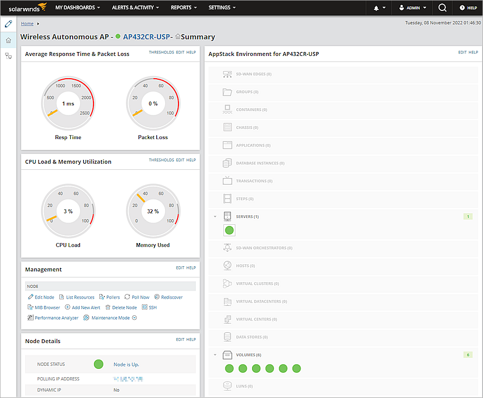 Screen shot of the Device Summary page in SolarWinds